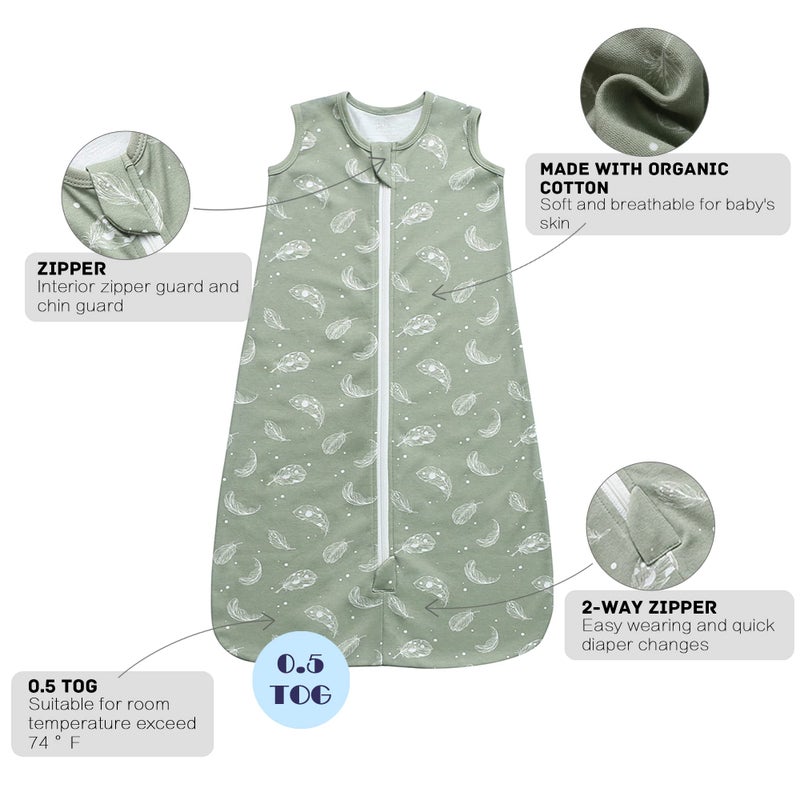 Owlivia Baby Organic Cotton 0.5 TOG Wearable Blanket-Light Sleeping Bag with 2-Way Zipper, Boys Girls Swaddle Transition Sleep Sack(0.5 TOG Feather Green, 3-12 Months) - Image 5